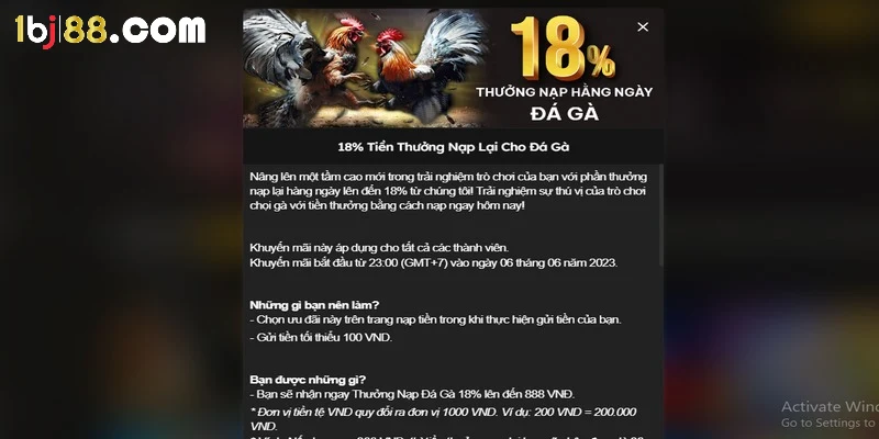 Thưởng nạp tại sảnh Đá Gà lên đến 18% cho anh em đam mê chọi kê